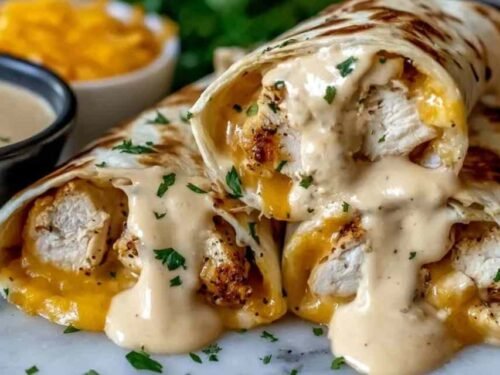 Cheesy Garlic Chicken Wraps sliced diagonally on a wooden board showing melty cheese and colorful vegetable filling