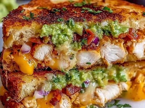 Close-up of a Chicken Avocado Melt Sandwich sliced in half showing melted Swiss cheese and creamy avocado layers on golden sourdough bread