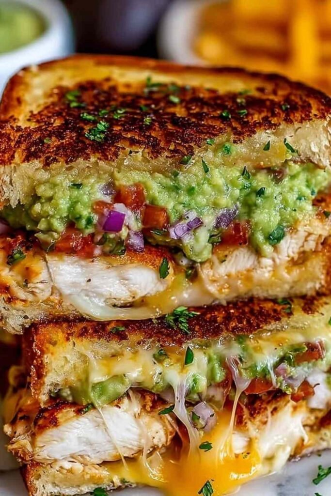 Close-up of a Chicken Avocado Melt Sandwich sliced in half showing melted Swiss cheese and creamy avocado layers on golden sourdough bread