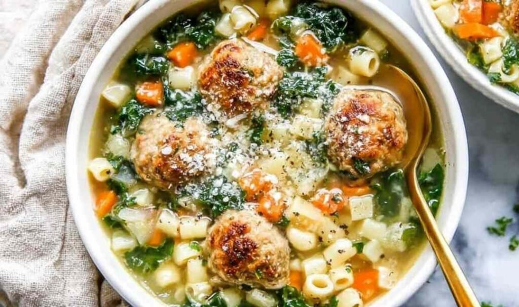 A bowl of chicken meatball soup with baked chicken meatballs, ditalini pasta, diced carrots, and wilted kale in a savory chicken broth topped with Parmesan