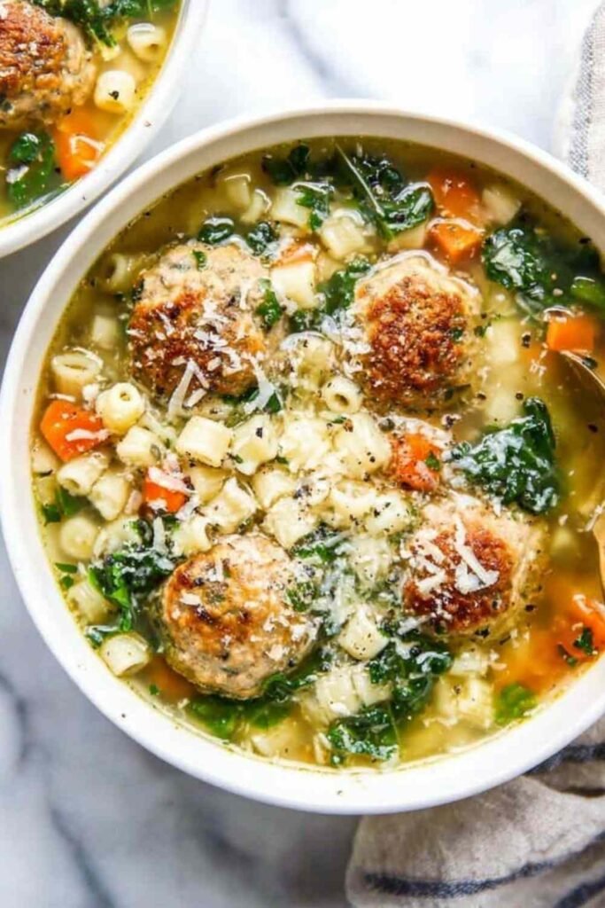 A bowl of chicken meatball soup with baked chicken meatballs, ditalini pasta, diced carrots, and wilted kale in a savory chicken broth topped with Parmesan