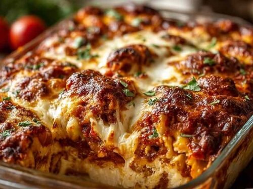 Chicken Parmesan casserole with golden melted mozzarella and Parmesan cheese fresh from the oven in a white baking dish