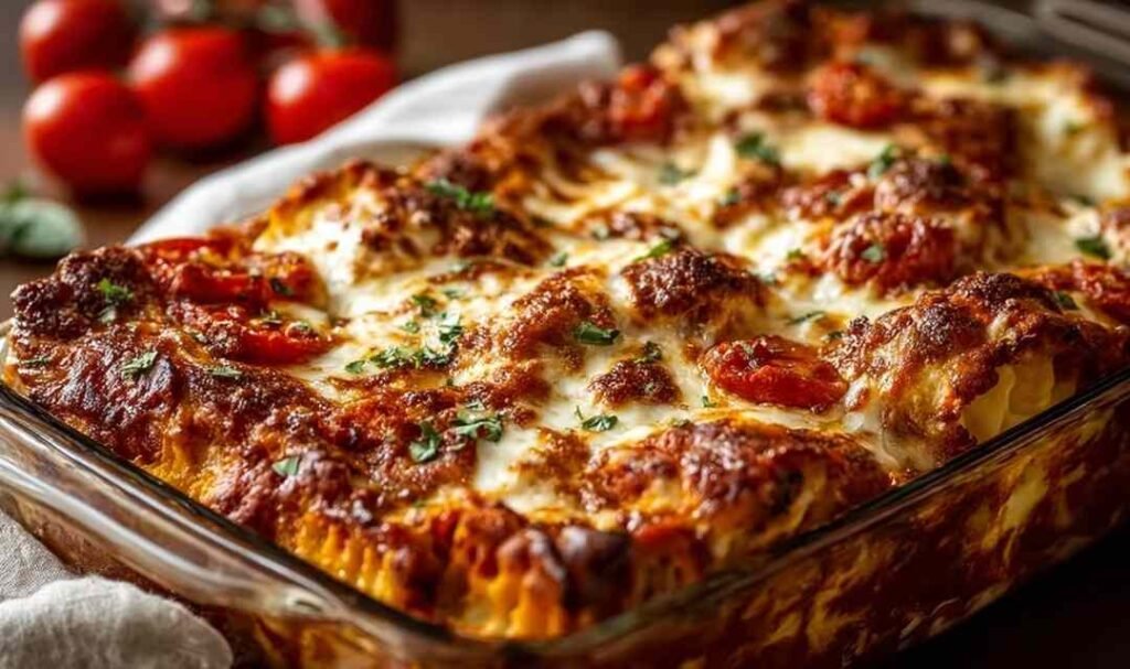 Chicken Parmesan casserole with golden melted mozzarella and Parmesan cheese fresh from the oven in a white baking dish