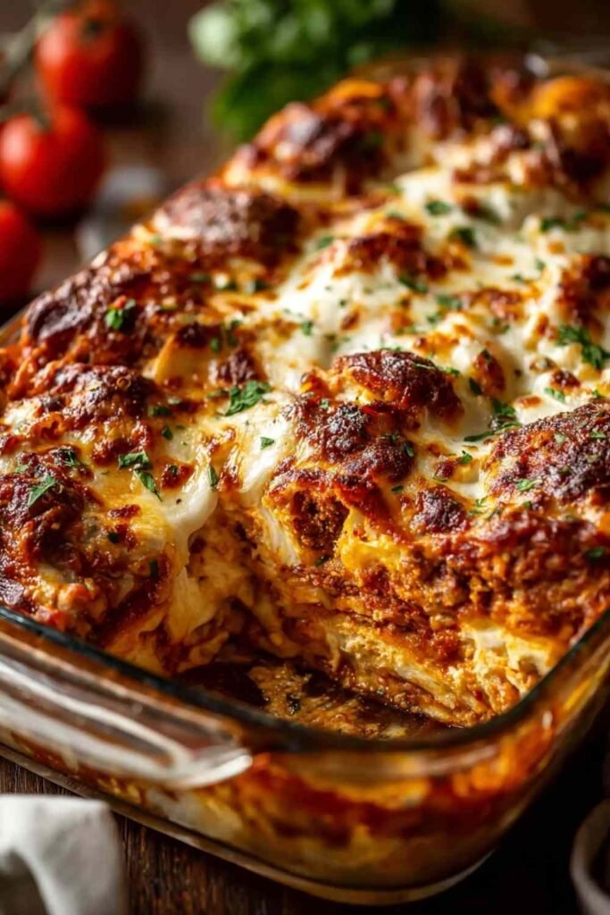 Chicken Parmesan casserole with golden melted mozzarella and Parmesan cheese fresh from the oven in a white baking dish