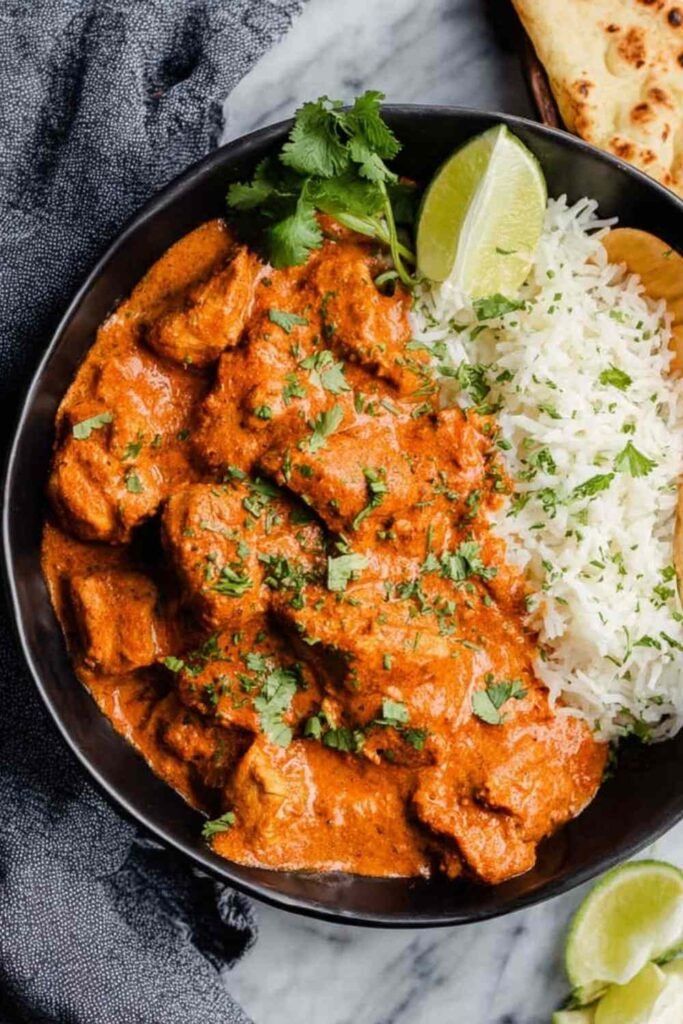 Chicken tikka masala in a non-stick pan with rich creamy orange tomato sauce, tender chicken pieces, and fresh cilantro garnish