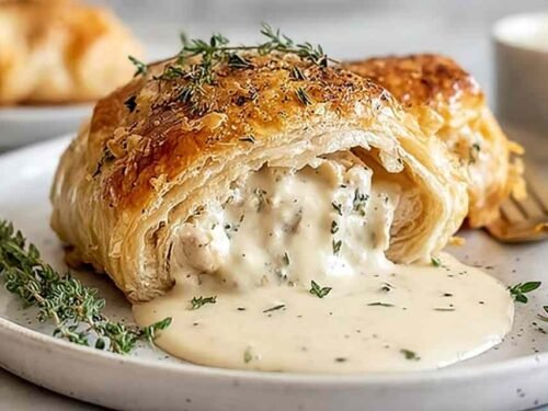 Sliced Chicken Wellington with Dijon cream sauce drizzled over golden puff pastry on a white plate