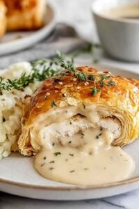 Sliced Chicken Wellington with Dijon cream sauce drizzled over golden puff pastry on a white plate