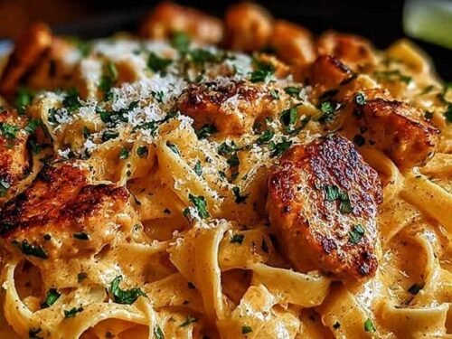 Creamy Cowboy Butter Chicken Pasta in a large skillet topped with Parmesan cheese and fresh parsley