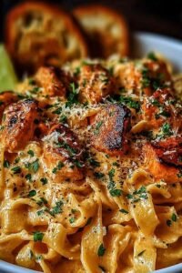 Creamy Cowboy Butter Chicken Pasta in a large skillet topped with Parmesan cheese and fresh parsley