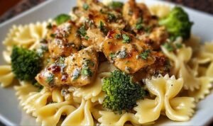 Cowboy Butter Lemon Bowtie Chicken with Broccoli in a large skillet garnished with fresh parsley and lemon