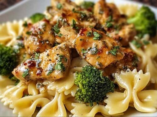 Cowboy Butter Lemon Bowtie Chicken with Broccoli in a large skillet garnished with fresh parsley and lemon