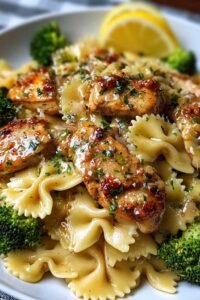 Cowboy Butter Lemon Bowtie Chicken with Broccoli in a large skillet garnished with fresh parsley and lemon