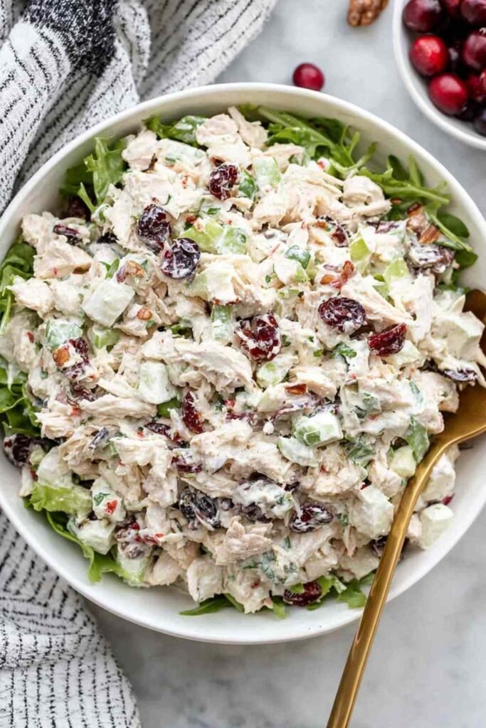 Cranberry chicken salad with pecans, apple, and dried cranberries in a white bowl