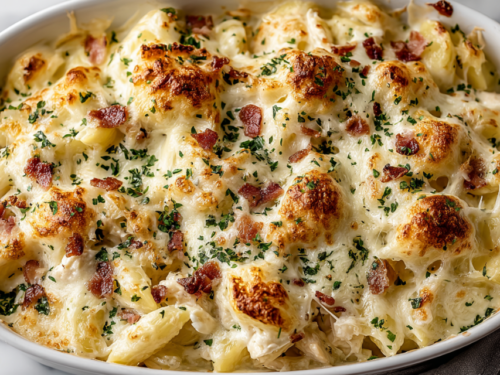 Crazy Good Casserole baked in a 9x13 dish with golden melted cheddar cheese and crumbled bacon on top