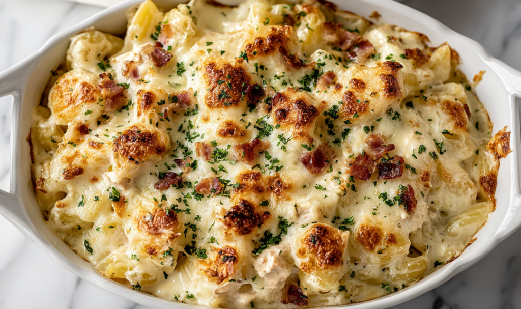 Crazy Good Casserole baked in a 9x13 dish with golden melted cheddar cheese and crumbled bacon on top