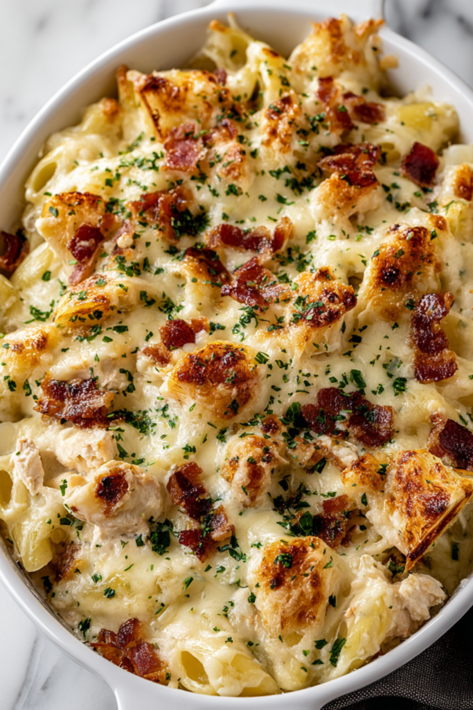 Crazy Good Casserole baked in a 9x13 dish with golden melted cheddar cheese and crumbled bacon on top