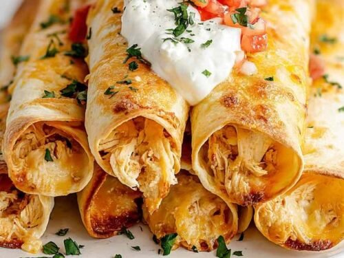 Golden crispy cream cheese chicken taquitos on a plate with cilantro, lime, and salsa dipping sauce