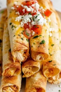Golden crispy cream cheese chicken taquitos on a plate with cilantro, lime, and salsa dipping sauce