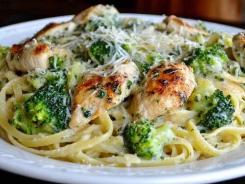 Creamy broccoli and chicken penne tossed in Parmesan cream sauce in a large skillet garnished with fresh parsley