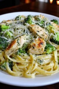 Creamy broccoli and chicken penne tossed in Parmesan cream sauce in a large skillet garnished with fresh parsley