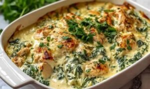 Creamy chicken and spinach casserole fresh from the oven with golden melted mozzarella and Parmesan on top