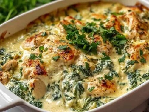 Creamy chicken and spinach casserole fresh from the oven with golden melted mozzarella and Parmesan on top
