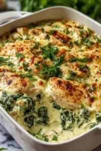 Creamy chicken and spinach casserole fresh from the oven with golden melted mozzarella and Parmesan on top