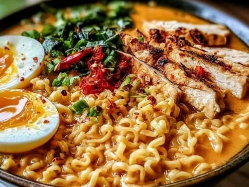 A steaming bowl of creamy garlic chicken ramen topped with sliced chicken breast, green onions, and fresh cilantro