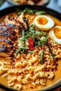 A steaming bowl of creamy garlic chicken ramen topped with sliced chicken breast, green onions, and fresh cilantro