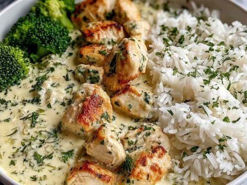 Creamy garlic chicken rice bowl with golden chicken bites in Parmesan cream sauce over fluffy white rice with steamed broccoli and fresh parsley