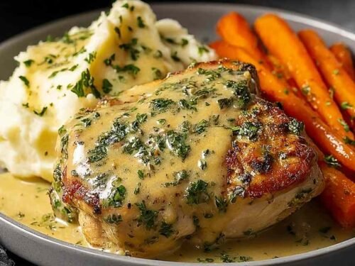 Creamy herb chicken with mashed potatoes and glazed carrots on a white dinner plate topped with garlic herb cream sauce