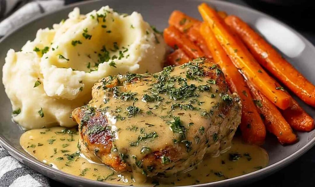 Creamy herb chicken with mashed potatoes and glazed carrots on a white dinner plate topped with garlic herb cream sauce