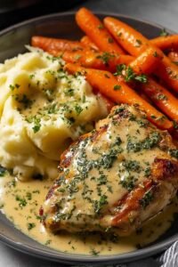 Creamy herb chicken with mashed potatoes and glazed carrots on a white dinner plate topped with garlic herb cream sauce