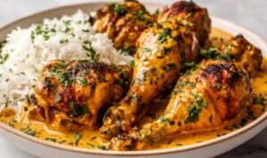 Creamy Paprika Chicken Drumsticks with Steamed Rice Creamy paprika chicken drumsticks in a cast iron skillet smothered in smoky paprika cream sauce with fresh parsley garnish