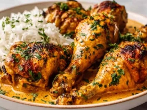 Creamy paprika chicken drumsticks in a cast iron skillet smothered in smoky paprika cream sauce with fresh parsley garnish