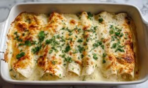 White Chicken Enchiladas with creamy white sauce and bubbling melted cheese in a 9x13 baking dish