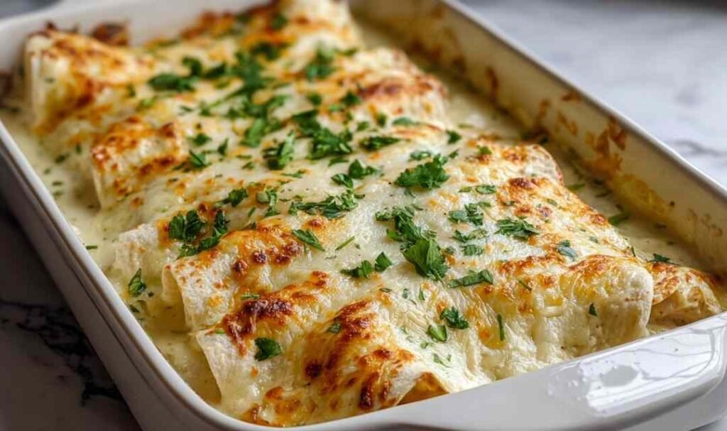 White Chicken Enchiladas with creamy white sauce and bubbling melted cheese in a 9x13 baking dish