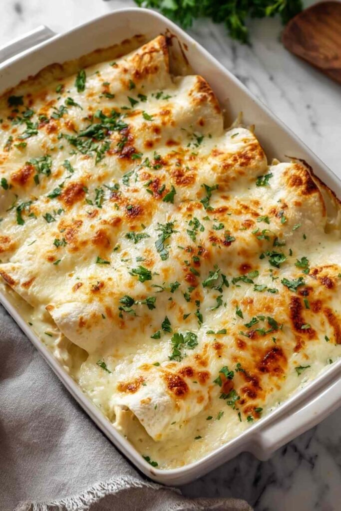 White Chicken Enchiladas with creamy white sauce and bubbling melted cheese in a 9x13 baking dish