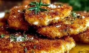 Crispy Italian chicken cutlets served on a white plate with fresh parsley garnish