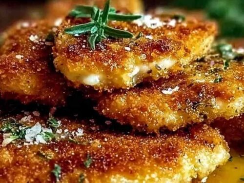 Crispy Italian chicken cutlets served on a white plate with fresh parsley garnish
