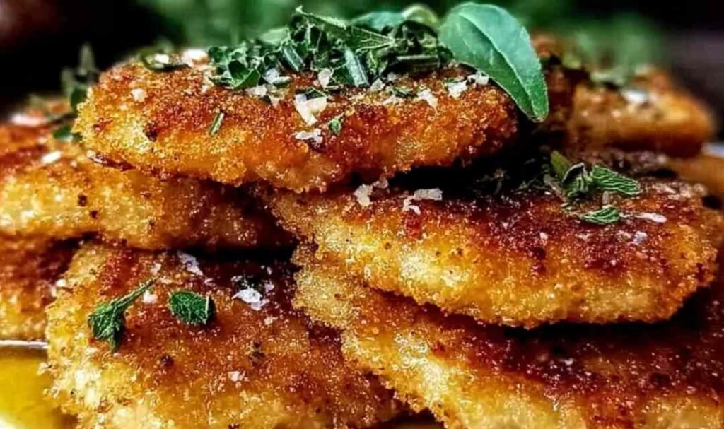 Crispy Italian chicken cutlets served on a white plate with fresh parsley garnish