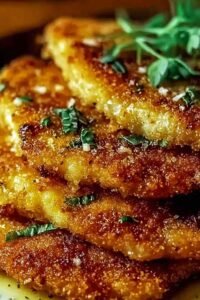 Crispy Italian chicken cutlets served on a white plate with fresh parsley garnish