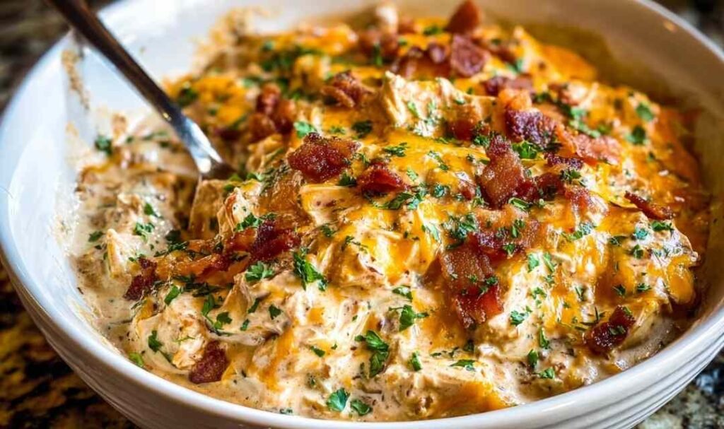 Crockpot Crack Chicken with melted cheddar and crispy bacon inside a slow cooker