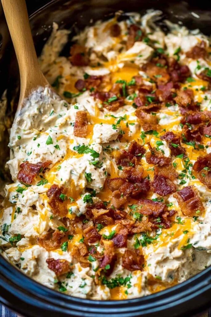 Crockpot Crack Chicken with melted cheddar and crispy bacon inside a slow cooker