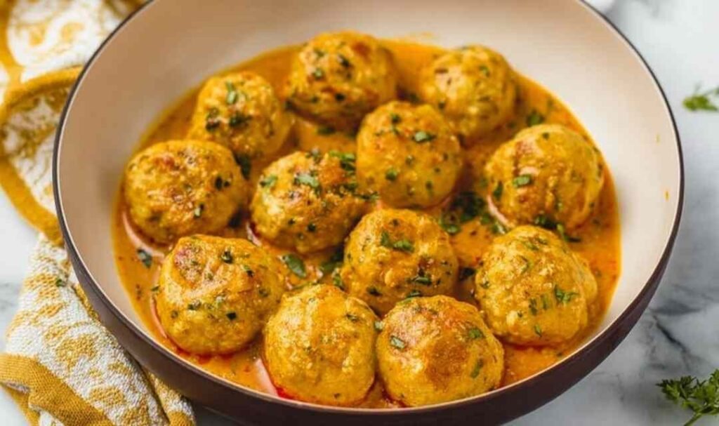 Curry chicken meatballs coated in creamy coconut curry sauce served in a skillet