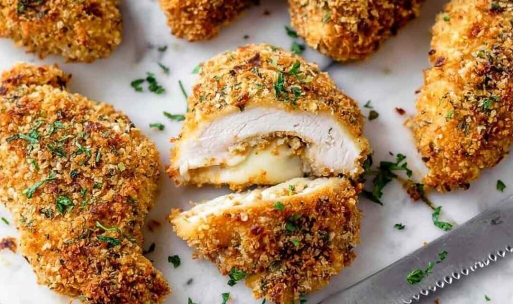 Crispy baked deviled chicken thighs on a white plate with a deep golden Panko Dijon crust and fresh parsley garnish