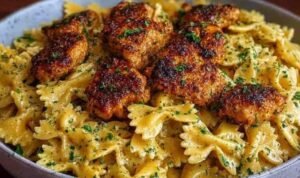 Garlic Butter Chicken Bowtie Pasta in a large skillet with golden chicken, Parmesan, and fresh parsley