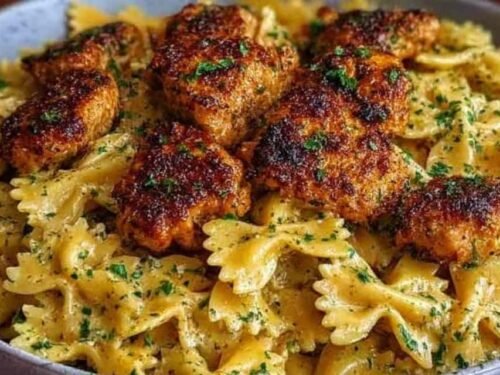 Garlic Butter Chicken Bowtie Pasta in a large skillet with golden chicken, Parmesan, and fresh parsley
