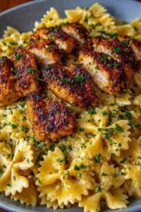 Garlic Butter Chicken Bowtie Pasta in a large skillet with golden chicken, Parmesan, and fresh parsley