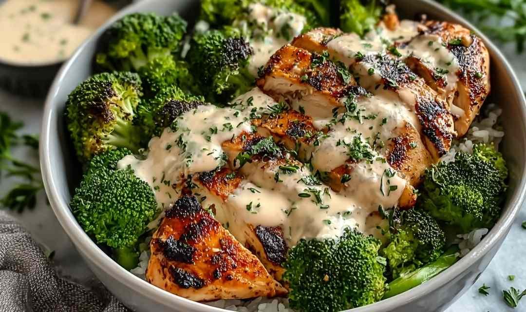 Grilled Chicken Broccoli Bowls with Creamy Garlic Sauce